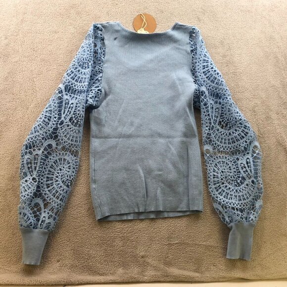 NWT Bibi Womens Blouse Size XL Blue Rib Knit Lace Sleeve Peasant Boho Casual - Picture 11 of 11